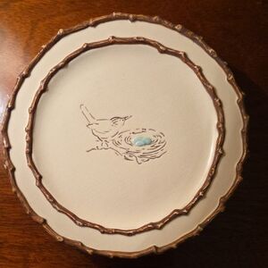 Set of 4 Mud Pie Cream and Tan Bird Nest plates 8.25 inches